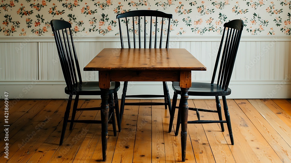 Cozy Dining Space: A Wooden Table Surrounded by Black Chairs with a Floral Wallpaper Backdrop, Simple Interior Design.
