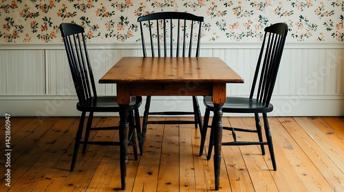 Obraz na płótnie Cozy Dining Space: A Wooden Table Surrounded by Black Chairs with a Floral Wallpaper Backdrop, Simple Interior Design. w salonie