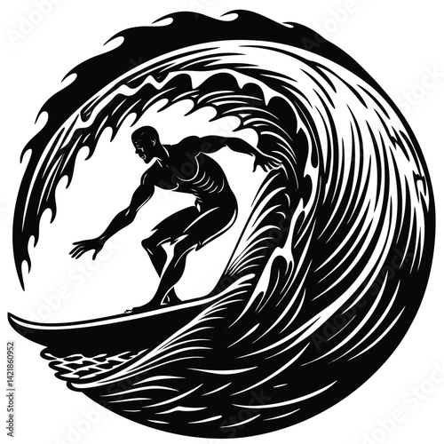 Surfer Riding a Wave Black and White Vector Illustration: Surfing Art, Ocean Wave, Extreme Sports, Water Sport, Graphic Design, Surfing Lifestyle