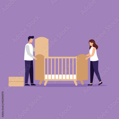 Parents assembling baby crib together in purple background vector illustration showing teamwork and care 