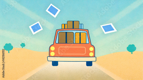 Animated car traveling on a sunny road with luggage and pictures flying