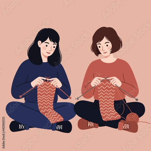 Two women knitting sweaters sitting cross-legged in cozy casual wear vector illustration 