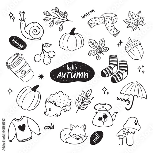 Autumn fall hand drawn doodles set