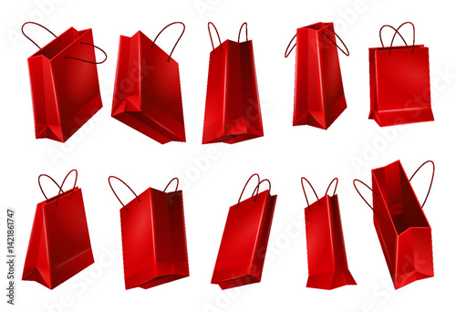 Paper shopping bags set with handle. Realistic craft paper with rope handles. Shop and supermarket packets, retail packaging