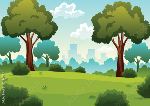 Picnic city park, green garden with skyline of multistory buildings. Summer landscape with tree vector illustration. Cartoon green and healthy urban background