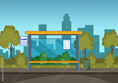 Empty bus stop, shelter from rain. Public transport place. Outdoor urban street. Cartoon flat vector illustration