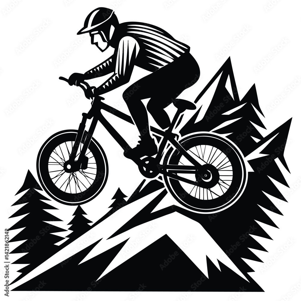 Fototapeta premium Mountain Biker Silhouette: Extreme Sport Illustration of Cyclist Jumping on Mountain Bike over Peaks and Trees - Vector Graphic