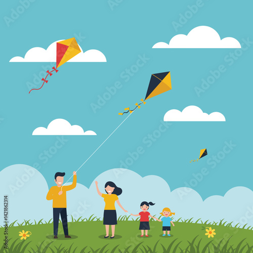Family flying colorful kites outdoor on green grass field under blue sky with clouds vector illustration 