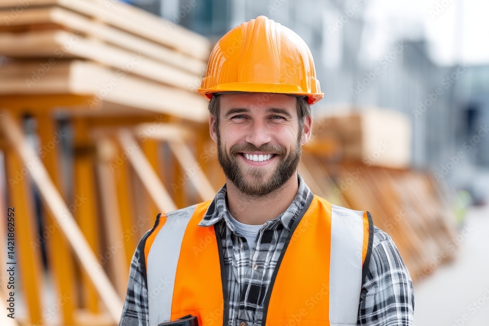 Smiling Construction Worker Portrait - Happy construction worker, hard hat, safety vest, building site, professional. Symbolizing: hard work, safety, construction, success, teamwork Smiling Construction Worker Portrait - Happy construction worker, hard hat, safety vest, building site, professional. Symbolizing: hard work, safety, construction, success, teamwork