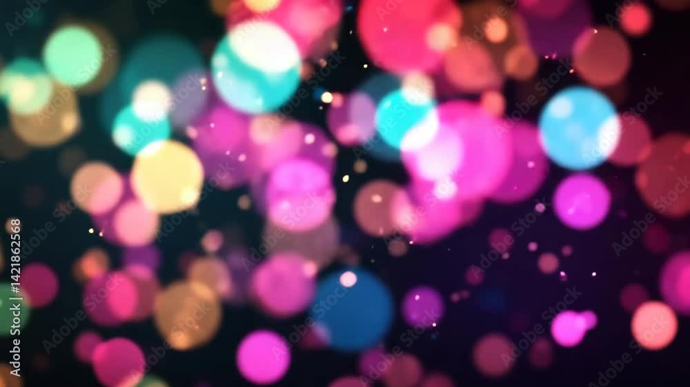 Colorful bokeh lights with sparkling particles on dark background. Perfect for celebration, festive design, party invitation, or abstract digital art and backgrounds.