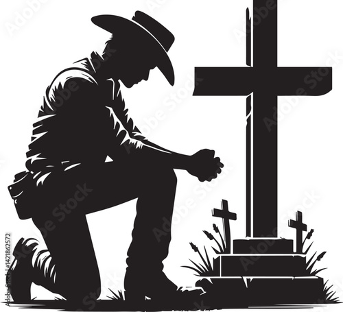 silhouette of jesus christ, kneeling cowboy praying on a cross silhouette vector, cowboy logo vector illustration