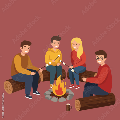 Group of Friends Sitting Around Campfire Roasting Marshmallows Together Outdoors in Casual Clothes Vector Illustration 
