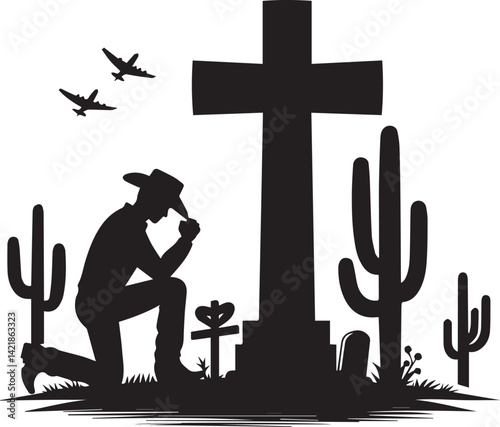 silhouette of jesus christ, kneeling cowboy praying on a cross silhouette vector, cowboy logo vector illustration