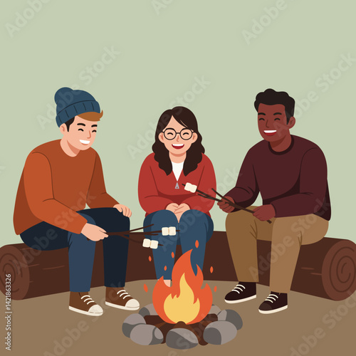 Group of friends roasting marshmallows around campfire enjoying outdoor leisure activity in casual clothing 