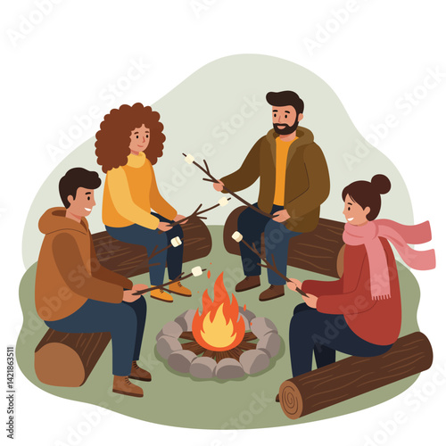 Friends roasting marshmallows around campfire in autumn outdoor setting with logs and cozy clothing vector illustration 