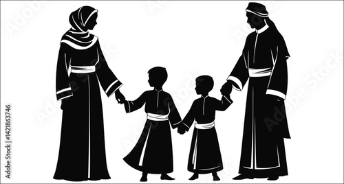 Silhouette Of Middle Eastern Family Holding Hands On A White Background