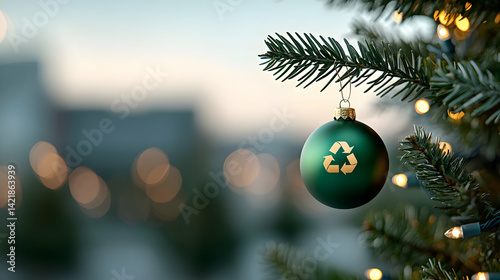 Green Recycling Ornament on Christmas Tree with City Lights Background