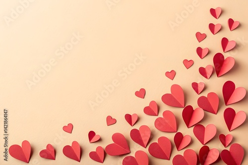 Romantic Red Paper Hearts Corner on Beige Background with Copy Space.