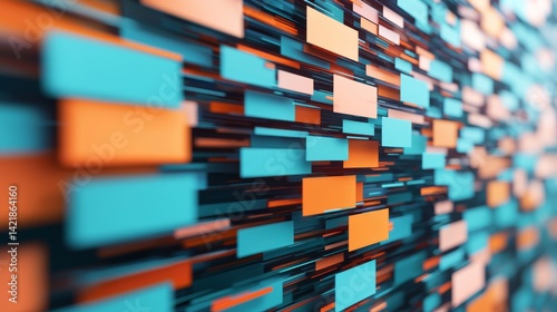 A colorful abstract design featuring layered rectangular shapes in blue, orange, and white, creating a dynamic and visually engaging composition.