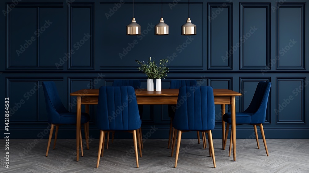 Elegant Dark Blue Dining Area: Wooden Table, Velvet Chairs, and Stylish Lighting for Modern Interiors.