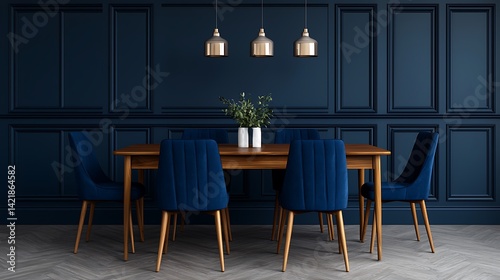 Obraz na płótnie Elegant Dark Blue Dining Area: Wooden Table, Velvet Chairs, and Stylish Lighting for Modern Interiors. w salonie