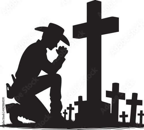 silhouette of jesus christ, kneeling cowboy praying on a cross silhouette vector, cowboy logo vector illustration