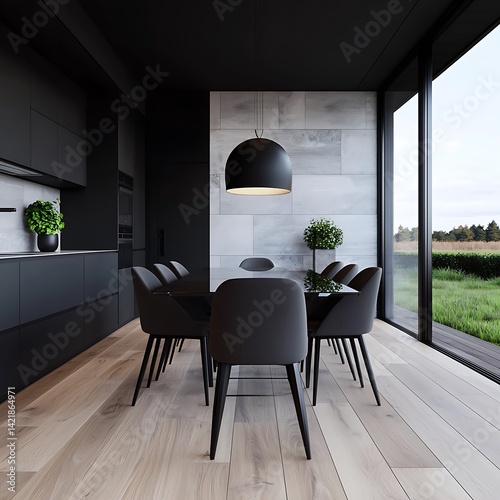 Elegant dark dining room interior with large windows overlooking a beautiful natural landscape scenery.