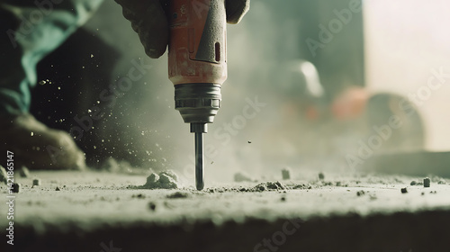 Construction Worker Using a Pneumatic Drill on Concrete