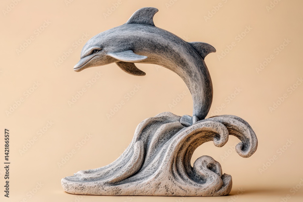 Fototapeta premium Ornate dolphin sculpture leaping above a stylized wave.