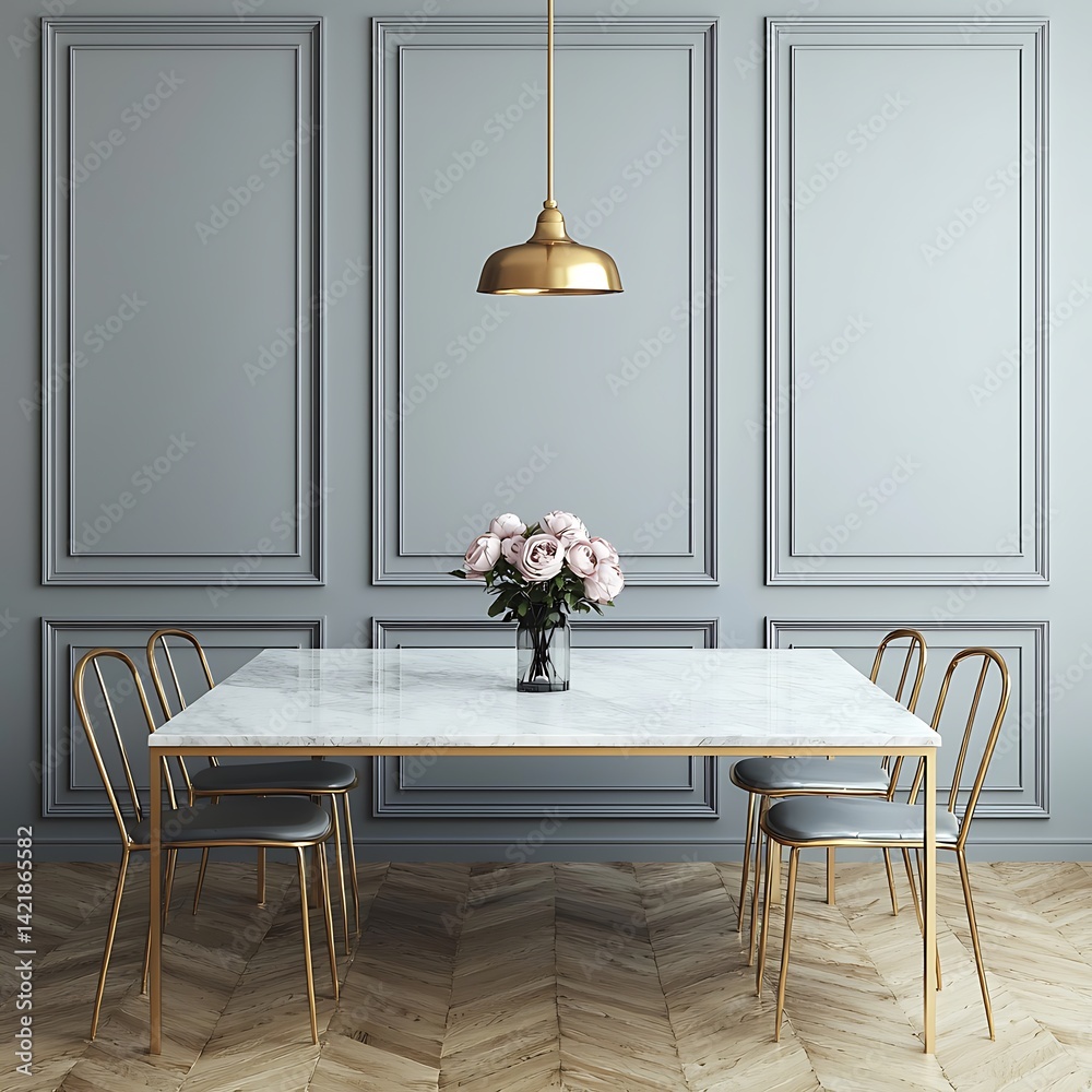 Elegant Dining Area Featuring Marble Table, Metal Chairs, Decorative Wall Panels, Golden Pendant Light, and Vase with Pink Flowers