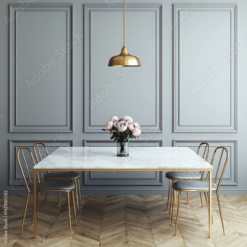 Obraz na płótnie Elegant Dining Area Featuring Marble Table, Metal Chairs, Decorative Wall Panels, Golden Pendant Light, and Vase with Pink Flowers w salonie
