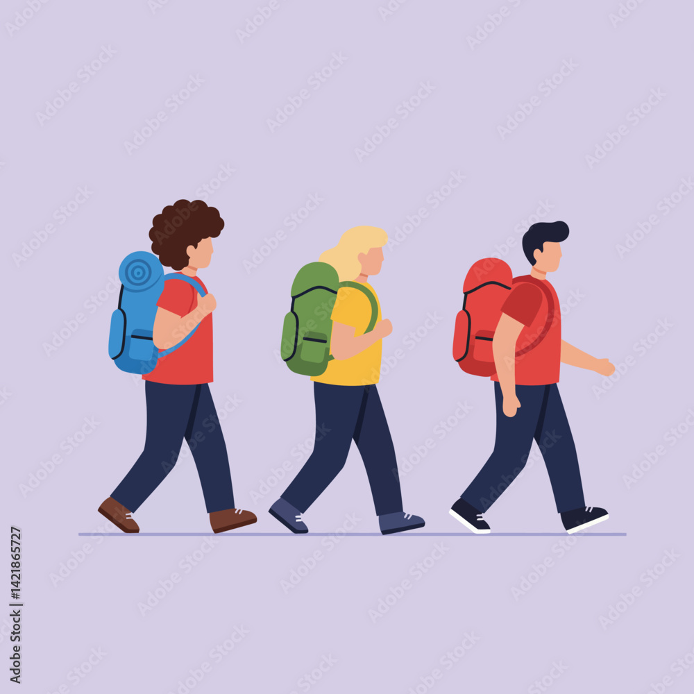 Fototapeta premium Group of hikers walking with backpacks in casual clothes outdoor trekking activity vector illustration 