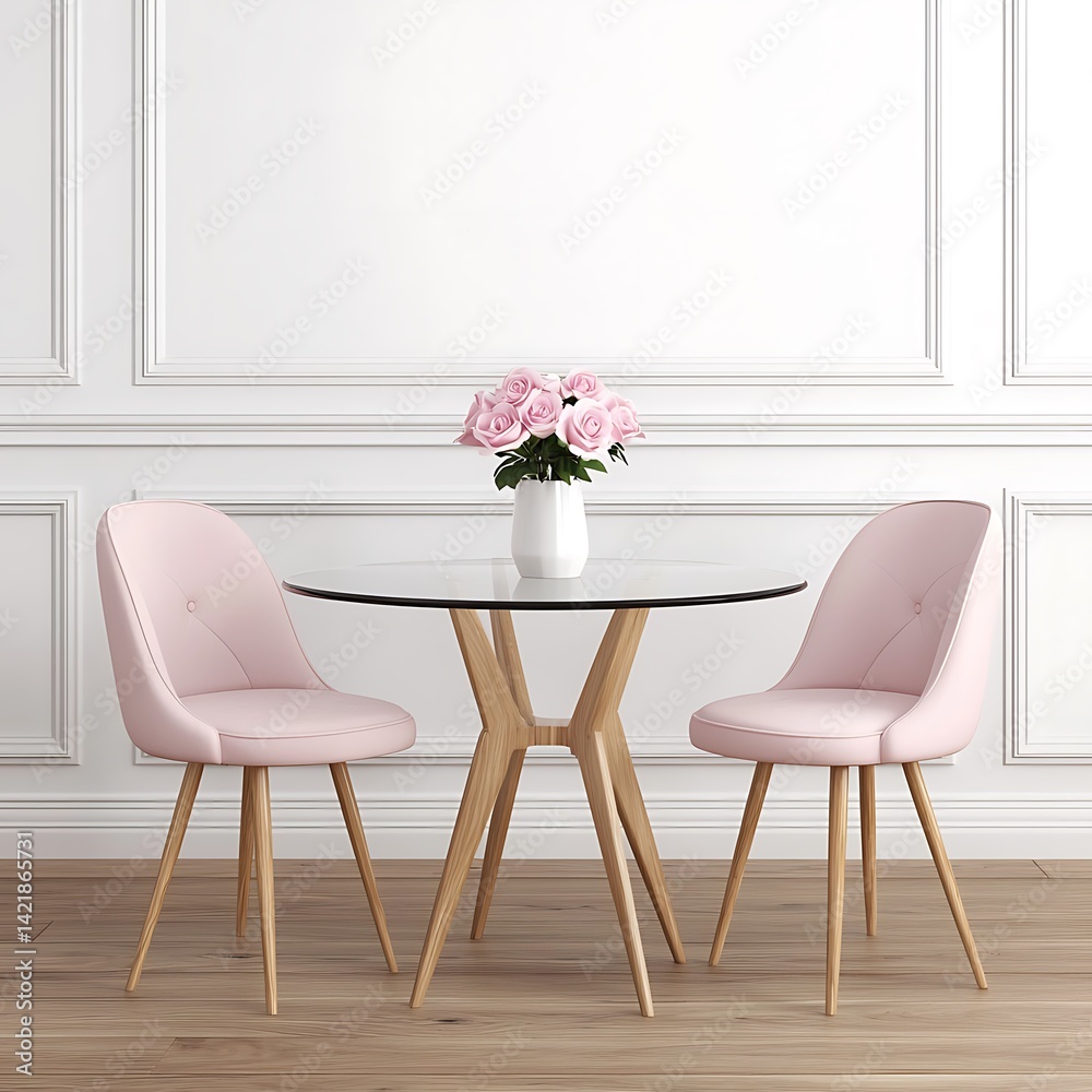 Elegant Dining Area: Glass Table, Pink Chairs, Floral Centerpiece, Modern Interior Design, Home Decor, Room Styling.