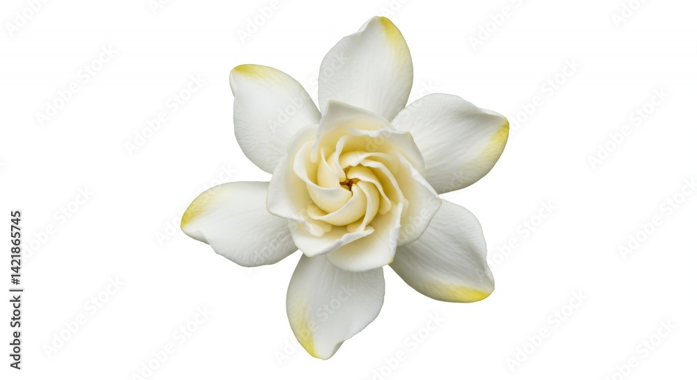 Fototapeta premium Detailed Botanical White Gardenia Jasminoides Flower Isolated Depicting Intricate RoseLike Flowers with Light Yellow Tints in High Resolution on White Background