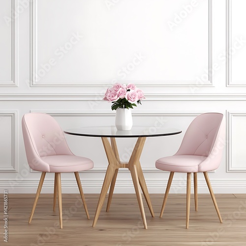 Obraz na płótnie Elegant Dining Area: Glass Table, Pink Chairs, Floral Centerpiece, Modern Interior Design, Home Decor, Room Styling. w salonie