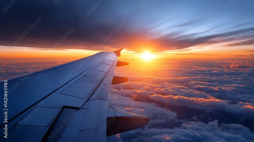 Sunset Flight Above the Clouds - Airplane wing view at sunset above a sea of clouds. Golden hour light illuminates the sky. Stunning travel Sunset Flight Above the Clouds - Airplane wing view at sunset above a sea of clouds. Golden hour light illuminates the sky. Stunning travel