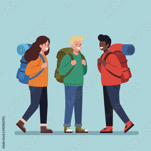 Group of young hikers with backpacks walking outdoors in casual clothes and boots vector illustration 