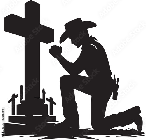 silhouette of jesus christ, kneeling cowboy praying on a cross silhouette vector, cowboy logo vector illustration
