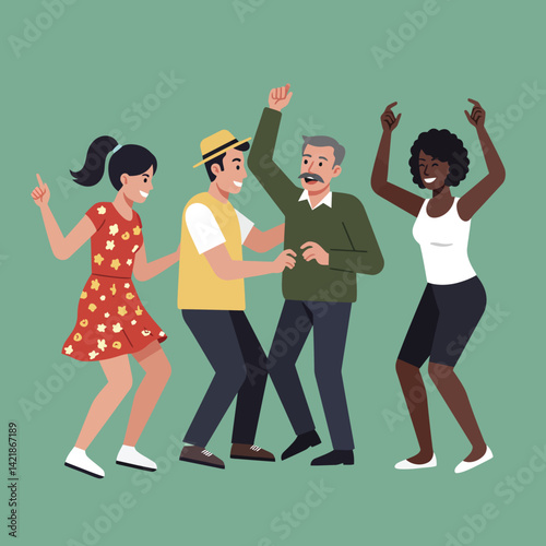 Group of diverse people dancing together enjoying music and celebration in casual outfits vector illustration 