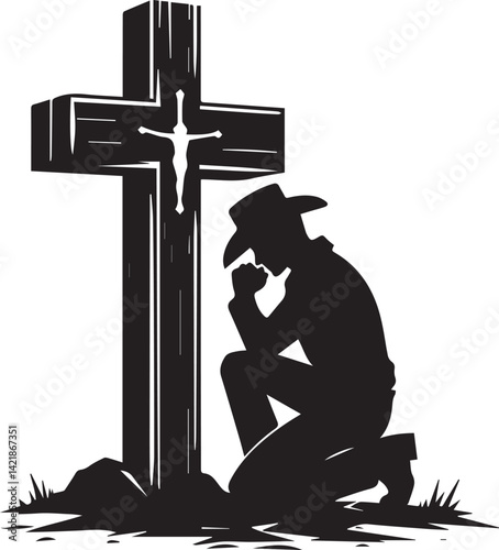 silhouette of jesus christ, kneeling cowboy praying on a cross silhouette vector, cowboy logo vector illustration