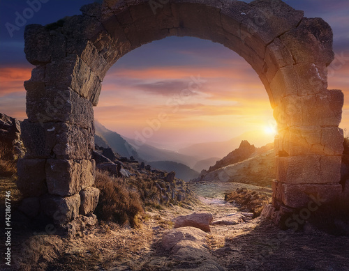 Ancient stone archway glowing in sunset light. Mystical stone ruins. Weathered stone arch.