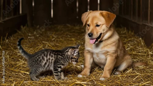 Wallpaper Mural A joyful puppy and a curious kitten play together in a barn. Torontodigital.ca