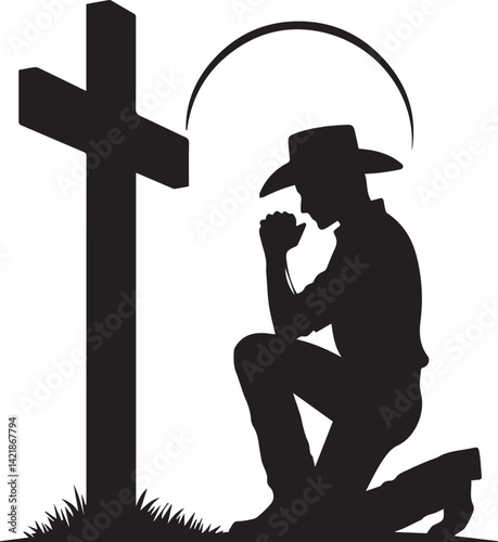 silhouette of jesus christ, kneeling cowboy praying on a cross silhouette vector, cowboy logo vector illustration