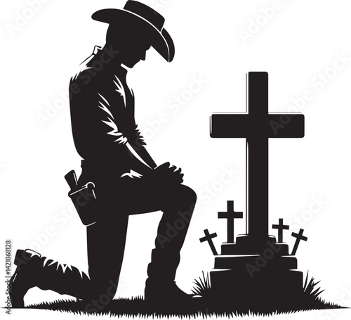 silhouette of jesus christ, kneeling cowboy praying on a cross silhouette vector, cowboy logo vector illustration
