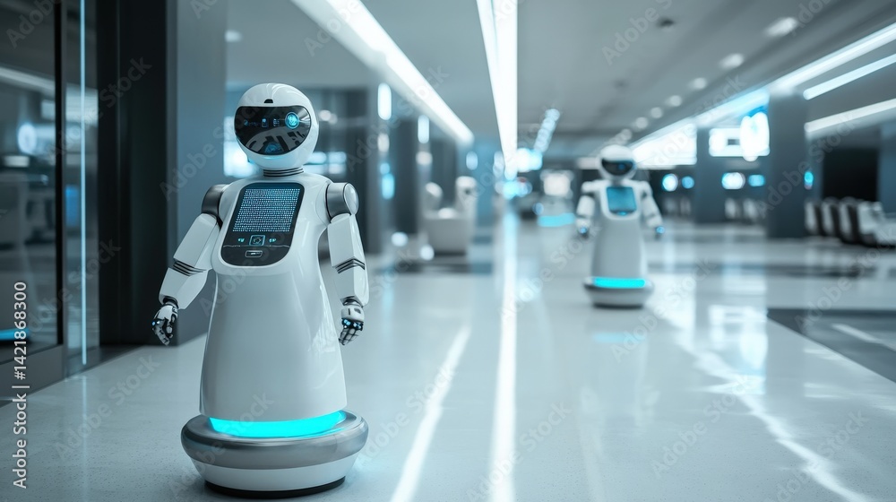 Robots traversing a modern hallway with clean lines and bright lighting Robots traversing a modern hallway with clean lines and bright lighting