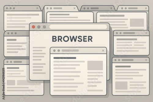 A creative digital illustration featuring multiple web browser windows open simultaneously. The design showcases a modern, organized look ideal for tech-related themes.