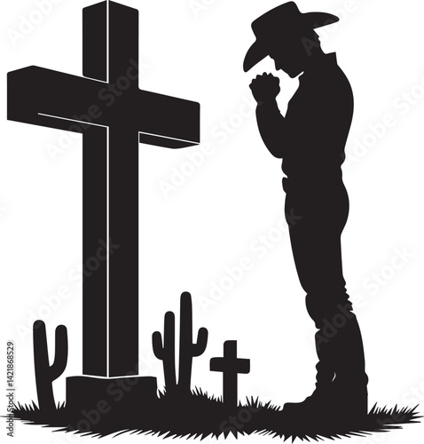 silhouette of jesus christ, kneeling cowboy praying on a cross silhouette vector, cowboy logo vector illustration
