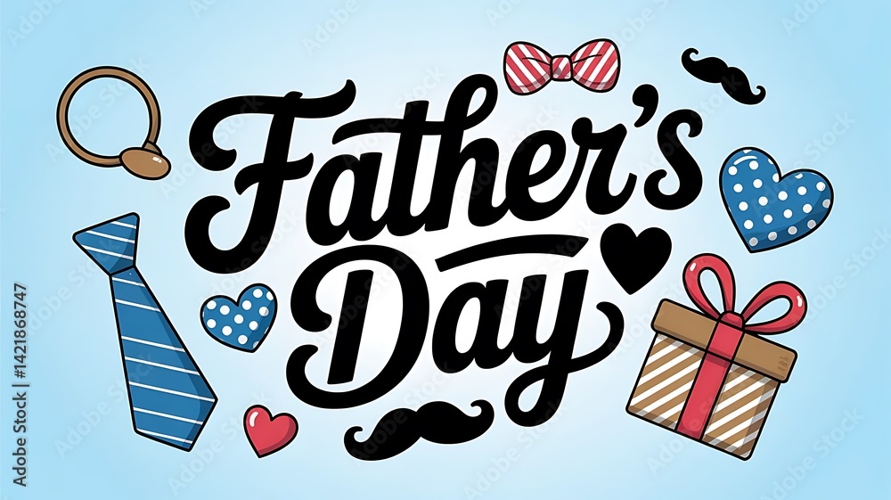 Naklejka premium Father's Day banner or poster template with gift box and necktie on blue background. Flat lay design for Father's Day greetings and surprises. Promotional and shopping layout to celebrate love for dad