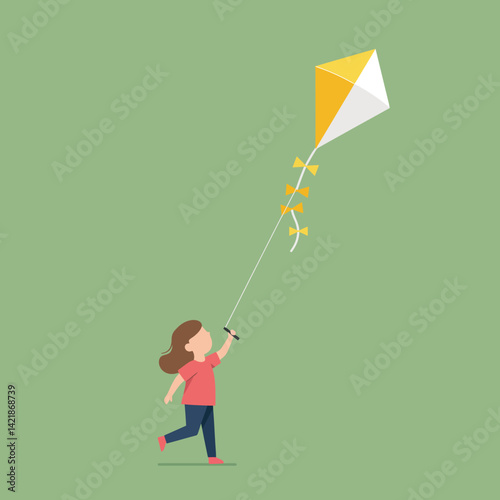 Girl flying yellow and white kite on green background vector illustration 