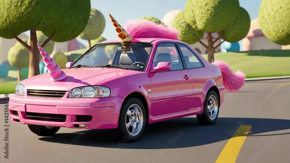 A whimsical pink car adorned with unicorn features, vibrant and fun.